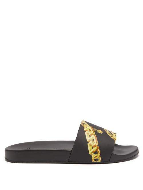 Versace - La Greca Chain-print Rubber Slides - Mens - Black Gold