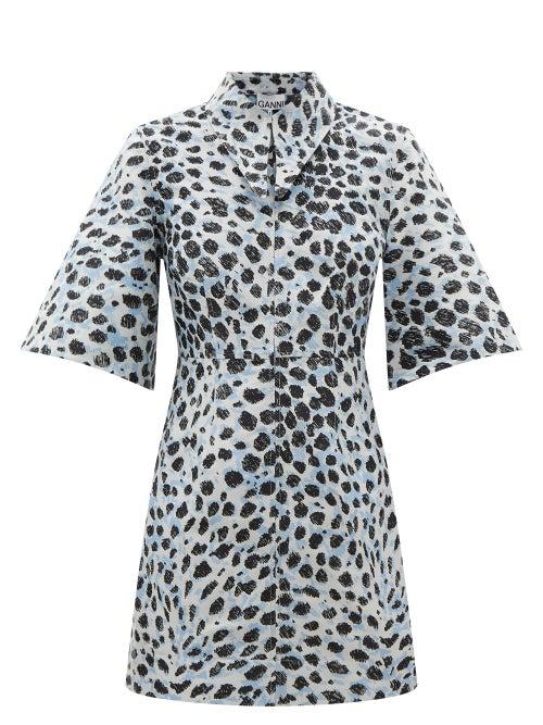 Ganni - Animal-jacquard Mini Dress - Womens - White Multi