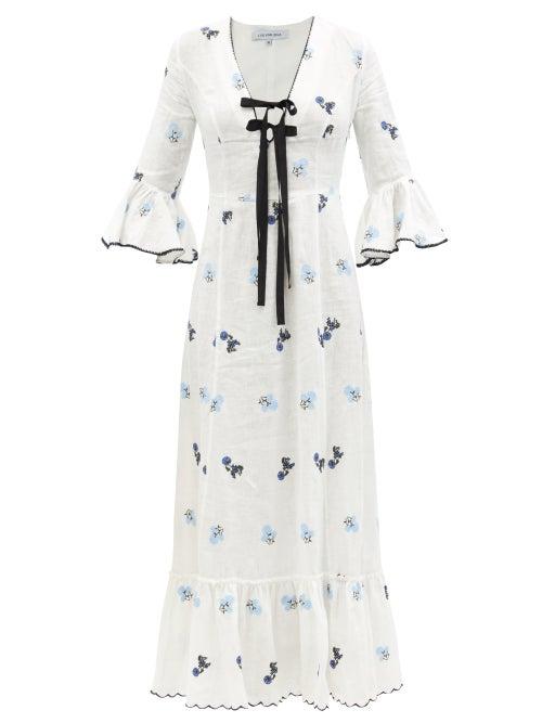 Ladies Rtw Lug Von Siga - Diana Floral-embroidered Linen Midi Dress - Womens - White