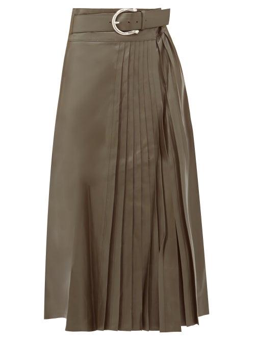 Matchesfashion.com Dodo Bar Or - Estelle Pleated Leather Midi Skirt - Womens - Khaki