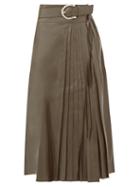 Matchesfashion.com Dodo Bar Or - Estelle Pleated Leather Midi Skirt - Womens - Khaki