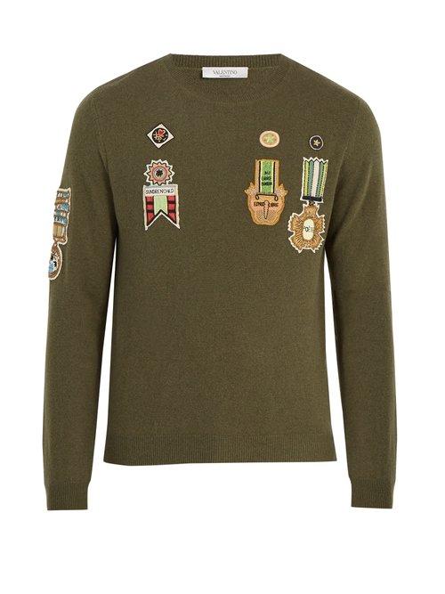 Matchesfashion.com Valentino - Embroidered Appliqu Wool Blend Sweater - Mens - Khaki