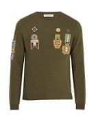 Matchesfashion.com Valentino - Embroidered Appliqu Wool Blend Sweater - Mens - Khaki