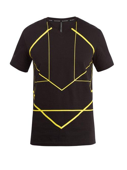 Matchesfashion.com Blackbarrett By Neil Barrett - Graphic Line Print V Neck Cotton T Shirt - Mens - Black Multi