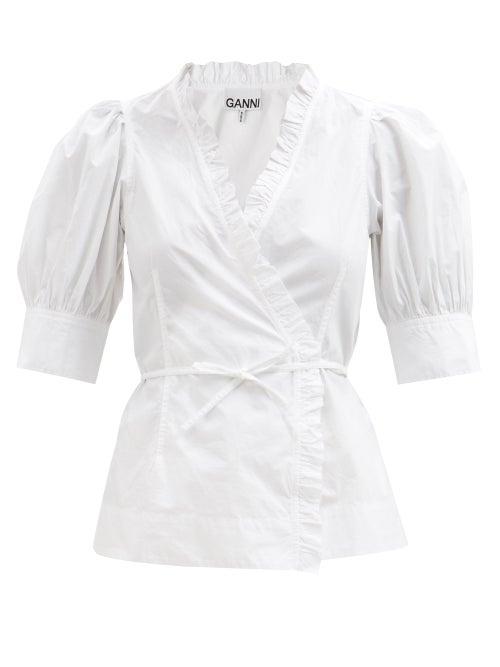 Ganni - Ruffled Organic-cotton Poplin Wrap Blouse - Womens - White