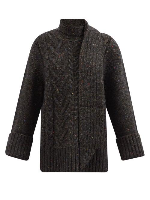 Ganni - Cable-knit Scarf Roll-neck Sweater - Womens - Black