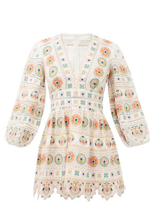 Matchesfashion.com Zimmermann - Brighton Floral-embroidered V-neck Mini Dress - Womens - White Print