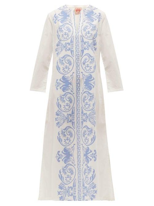 Matchesfashion.com Le Sirenuse, Positano - Vanessa Printed Cotton Poplin Kaftan - Womens - Blue White