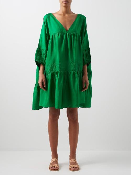 Anaak - Airi Pintucked Silk-habotai Dress - Womens - Green