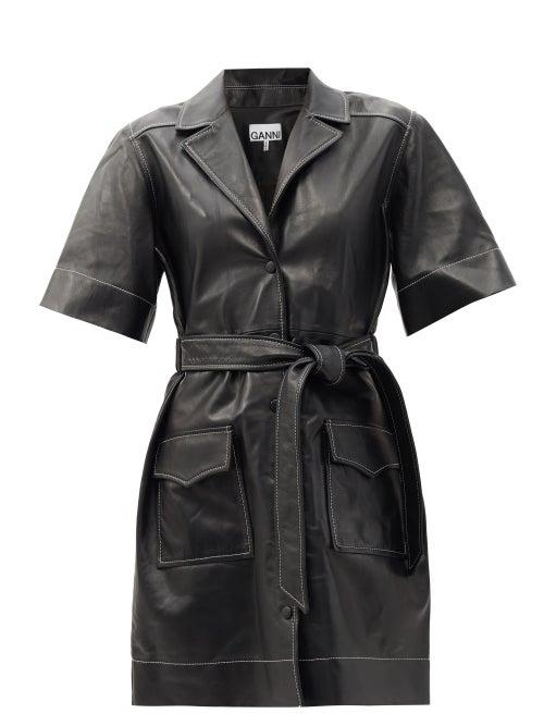 Ladies Rtw Ganni - Topstitched Leather Shirt Dress - Womens - Black