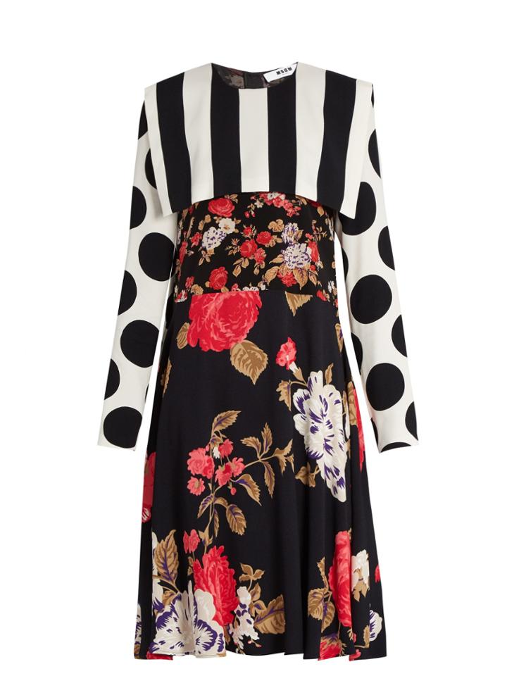 Msgm Floral, Polka Dot And Stripe-print Crepe Dress
