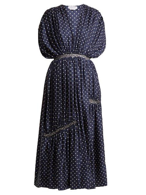 Matchesfashion.com Gabriela Hearst - Winston Polka Dot Ruched Silk Twill Dress - Womens - Navy White