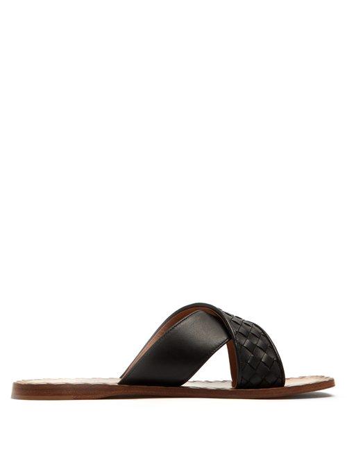 Matchesfashion.com Bottega Veneta - Intrecciato Crossover Leather Slides - Womens - Black