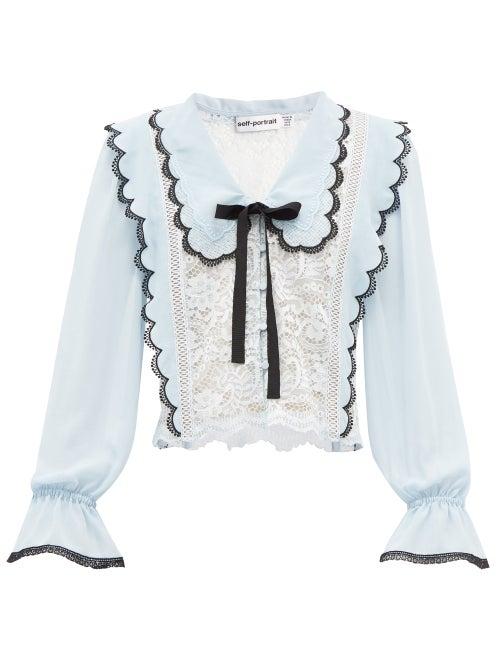 Matchesfashion.com Self-portrait - Lace-trimmed Crepe Shirt - Womens - Light Blue