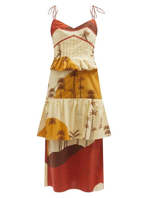 Johanna Ortiz - Mountain Woman Scenic-print Organic-cotton Dress - Womens - Yellow Cream