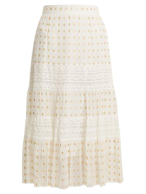 Matchesfashion.com Temperley London - Wondering Lace Insert Fil Coup Chiffon Midi Skirt - Womens - White