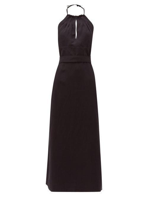 Matchesfashion.com Raey - Split Front Halterneck Slubby Silk Blend Dress - Womens - Navy