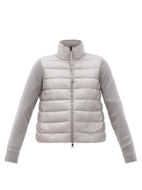 Matchesfashion.com Moncler - Contrasting Wool And Quilted-down Zip Cardigan - Womens - Mid Grey