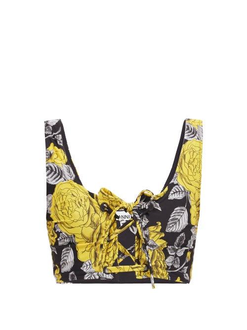 Matchesfashion.com Ganni - Lace-up Rose-print Bikini Top - Womens - Black Multi