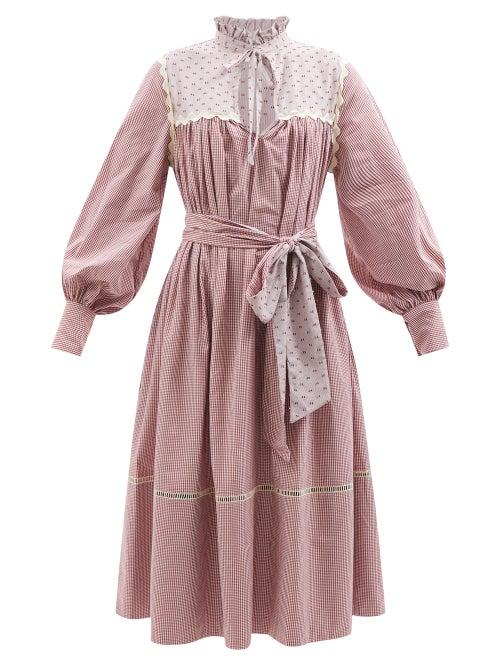 Wiggy Kit - Belted Cotton-blend Gingham Midi Dress - Womens - Red Multi