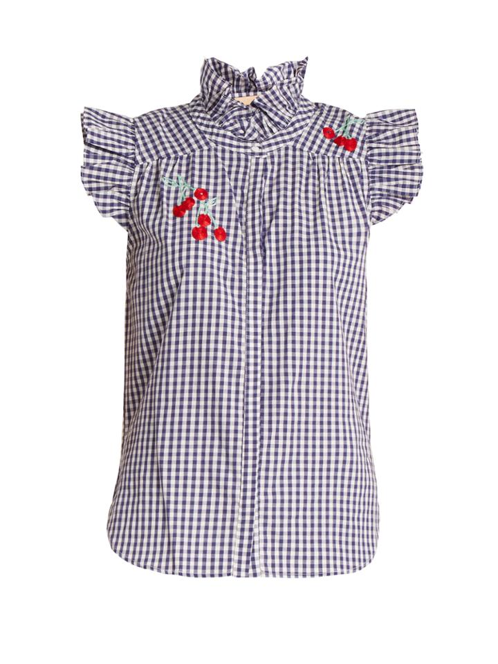 Bliss And Mischief Cherry-embroidered Gingham Cotton Shirt