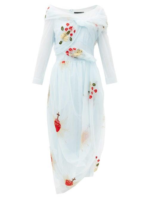 Matchesfashion.com Simone Rocha - Sacred Heart-embroidered Draped-tulle Dress - Womens - Light Blue