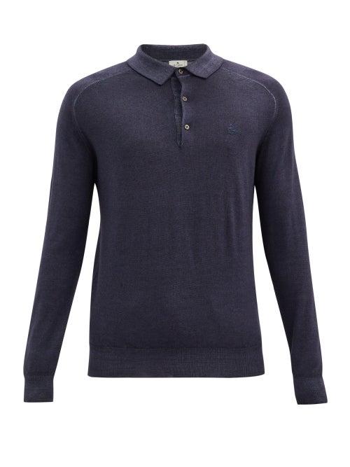 Matchesfashion.com Etro - Pegasus Long-sleeved Wool Polo Shirt - Mens - Navy