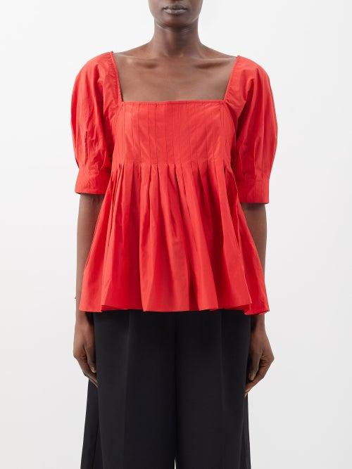 Lee Mathews - Peony Square-neck Silk-blend Blouse - Womens - Ruby