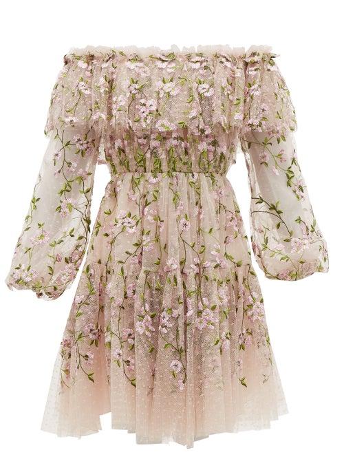 Matchesfashion.com Giambattista Valli - Floral Embroidered Tulle Off The Shoulder Dress - Womens - Pink Multi