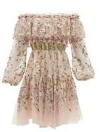 Matchesfashion.com Giambattista Valli - Floral Embroidered Tulle Off The Shoulder Dress - Womens - Pink Multi