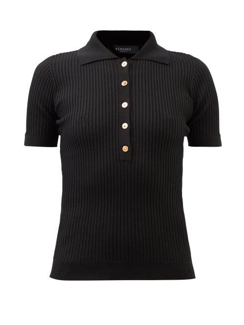 Versace - Medusa Head-button Ribbed Silk-blend Polo Shirt - Womens - Black