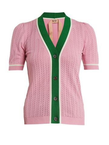 No. 21 Contrast-placket Pointelle-knit Cardigan