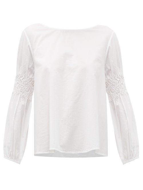 Matchesfashion.com Merlette - Miombo Smocked Sleeve Cotton Poplin Blouse - Womens - White