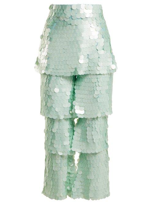 Matchesfashion.com Osman - Felix Tiered Sequin Embellished Trousers - Womens - Light Green