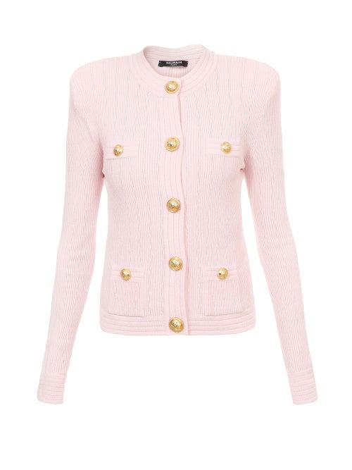 Ladies Rtw Balmain - Padded-shoulder Ribbed-knit Cardigan - Womens - Pink