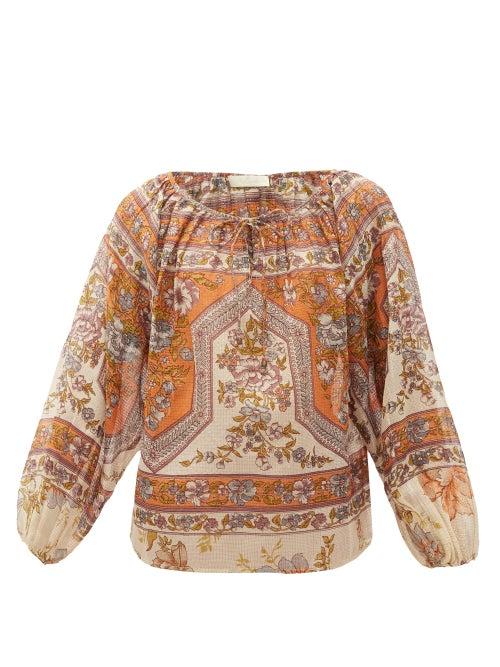 Matchesfashion.com Mes Demoiselles - Redish Drawstring Floral-print Voile Blouse - Womens - Beige Print