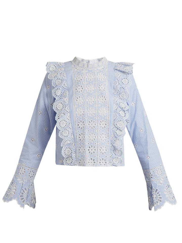 Sea Ruffle-trimmed Striped Broderie-anglaise Top