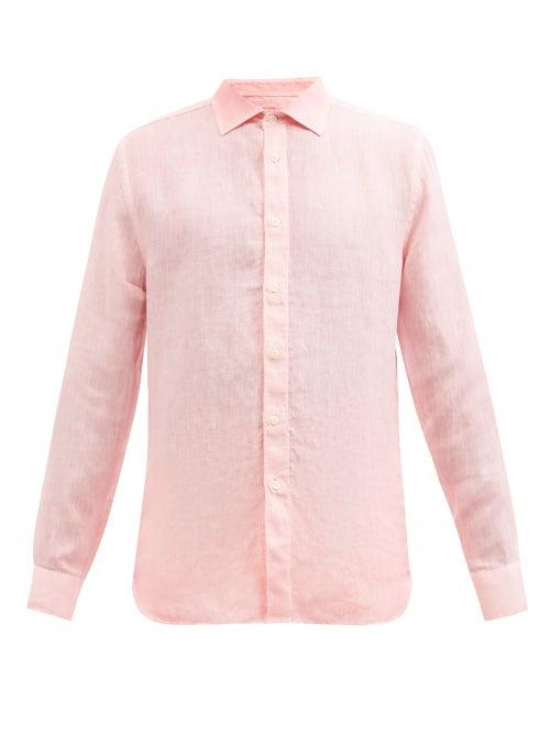 120 Lino 120% Lino - Long-sleeved Linen Shirt - Mens - Light Pink