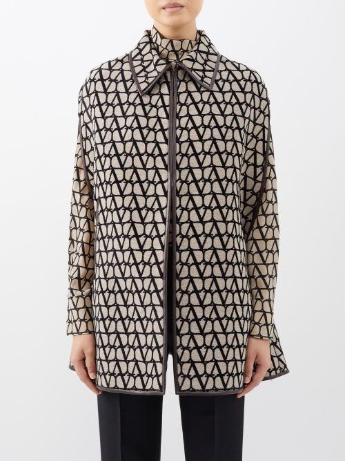 Valentino - Leather-trimmed V-logo Jacquard Cape - Womens - Brown Multi