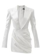 Balmain - Plunge-neck Satin Tailored Dress - Womens - White