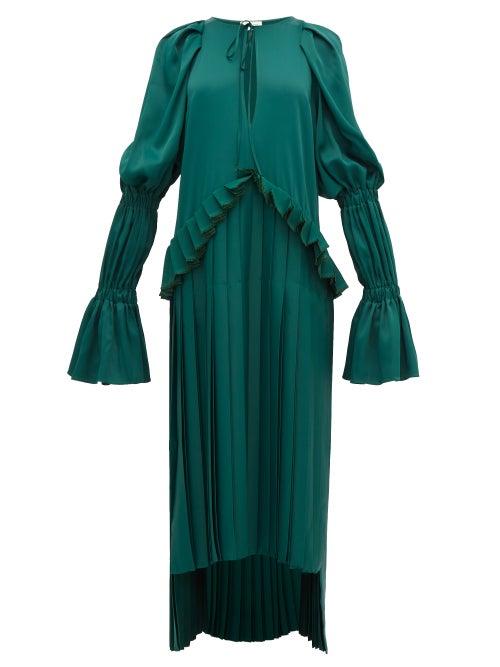 Matchesfashion.com Khaite - Cara Pleated Stepped Hem Satin Dress - Womens - Green
