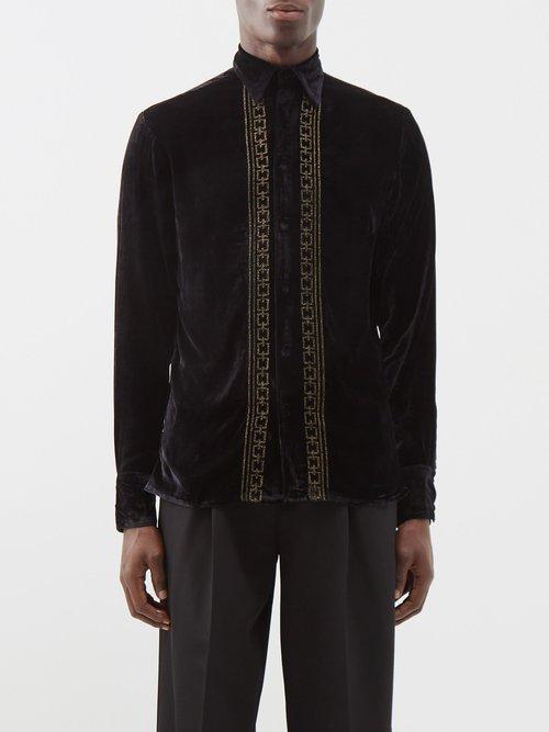 73 London - Chain-embroidered Velvet Shirt - Mens - Black Multi