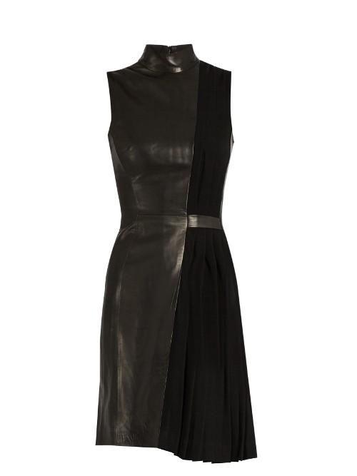 Mugler High-neck Leather And Pleated-cady Dress
