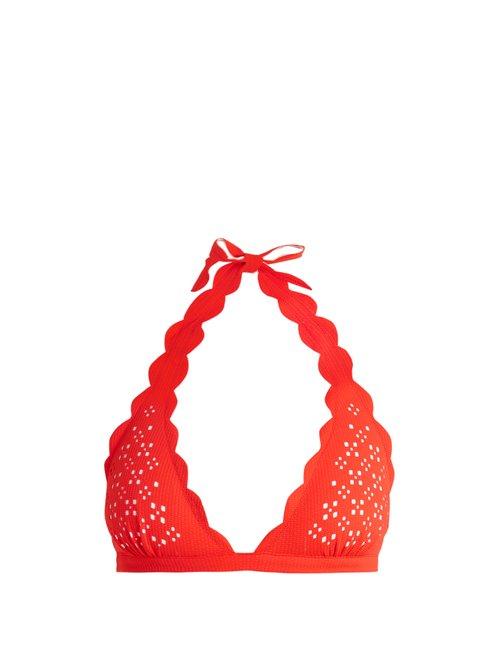 Matchesfashion.com Marysia - Spring Scallop Edged Triangle Bikini Top - Womens - Red White