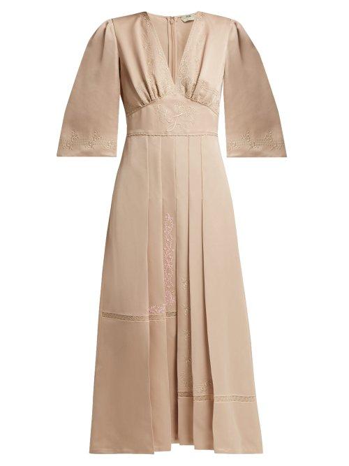 Matchesfashion.com Fendi - Embroidered Silk Dress - Womens - Beige