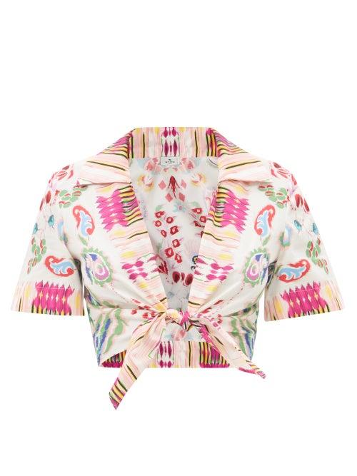 Etro - Ikat-print Tie-front Cotton-poplin Shirt - Womens - White Print
