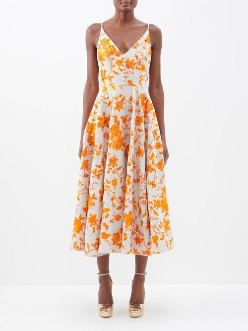 Erdem - Eloise Floral-embroidered Linen Midi Dress - Womens - Orange Multi