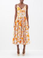 Erdem - Eloise Floral-embroidered Linen Midi Dress - Womens - Orange Multi