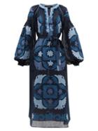 Matchesfashion.com Vita Kin - Scarab Balloon Sleeve Embroidered Linen Dress - Womens - Navy Multi