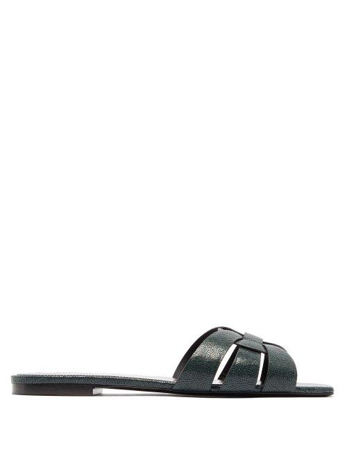 Matchesfashion.com Saint Laurent - Tribute Nu Pieds Pebble Grained Leather Slides - Womens - Dark Green
